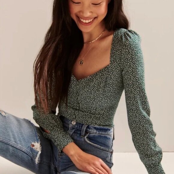 Abercrombie Green Floral Long Sleeve Top - Extra Small - Picture 1 of 5